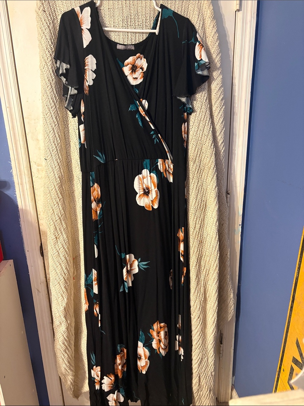 Loveappella Black Maxi Dress with Orange and White Floral Print